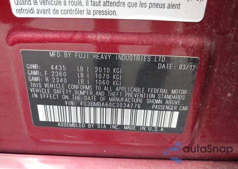 2012 Subaru Legacy 2.5I из США, поврежденный, VIN 4S3BMBA60C3034776